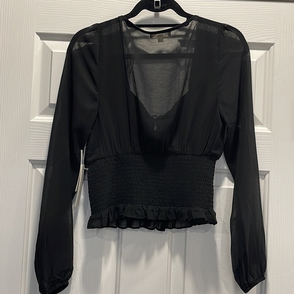 nine britton sheer black long puff sleeve scoop neck smocked peasant blouse-S - Picture 7 of 9